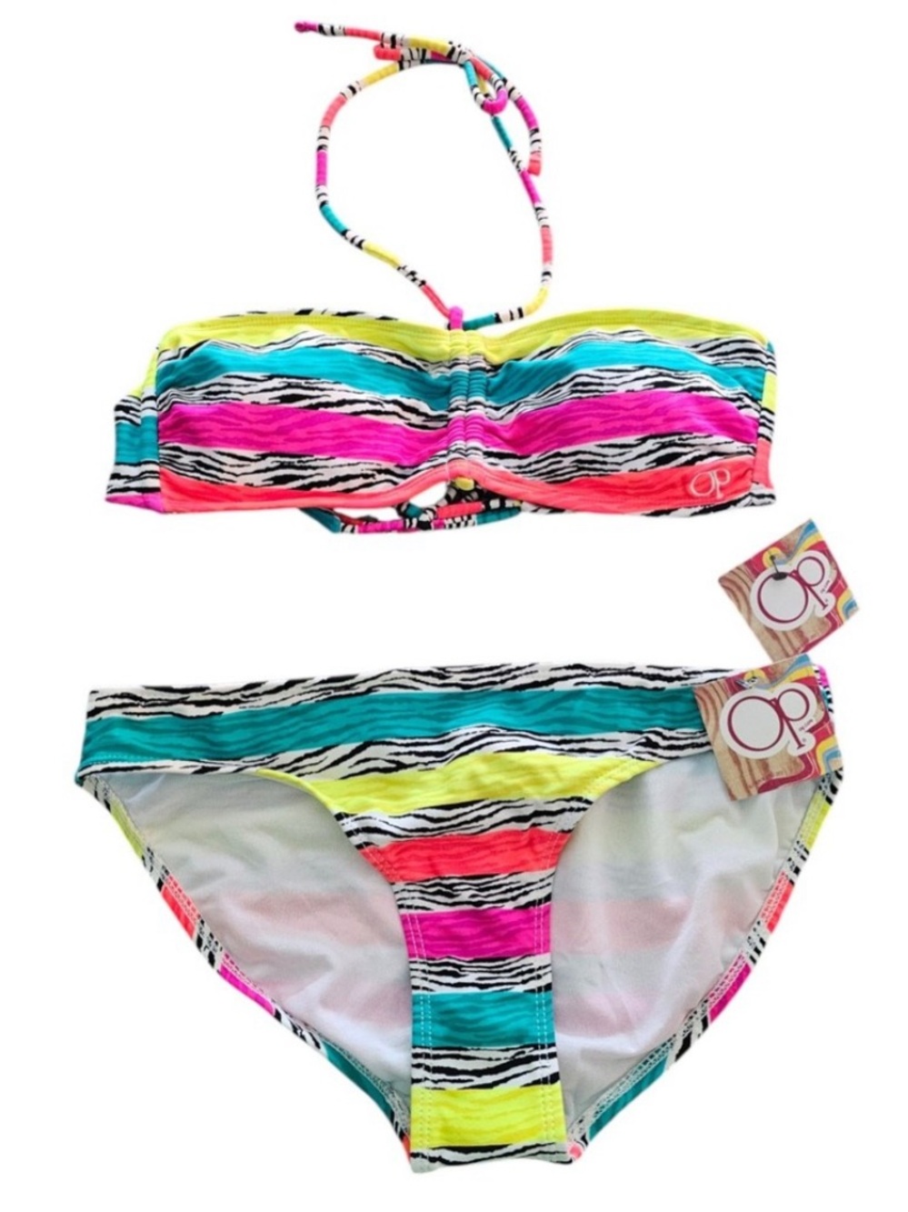 OP Neon Multi-Stripe Bandeau Bikini Set - Pink, Yellow, Orange, Teal, Black